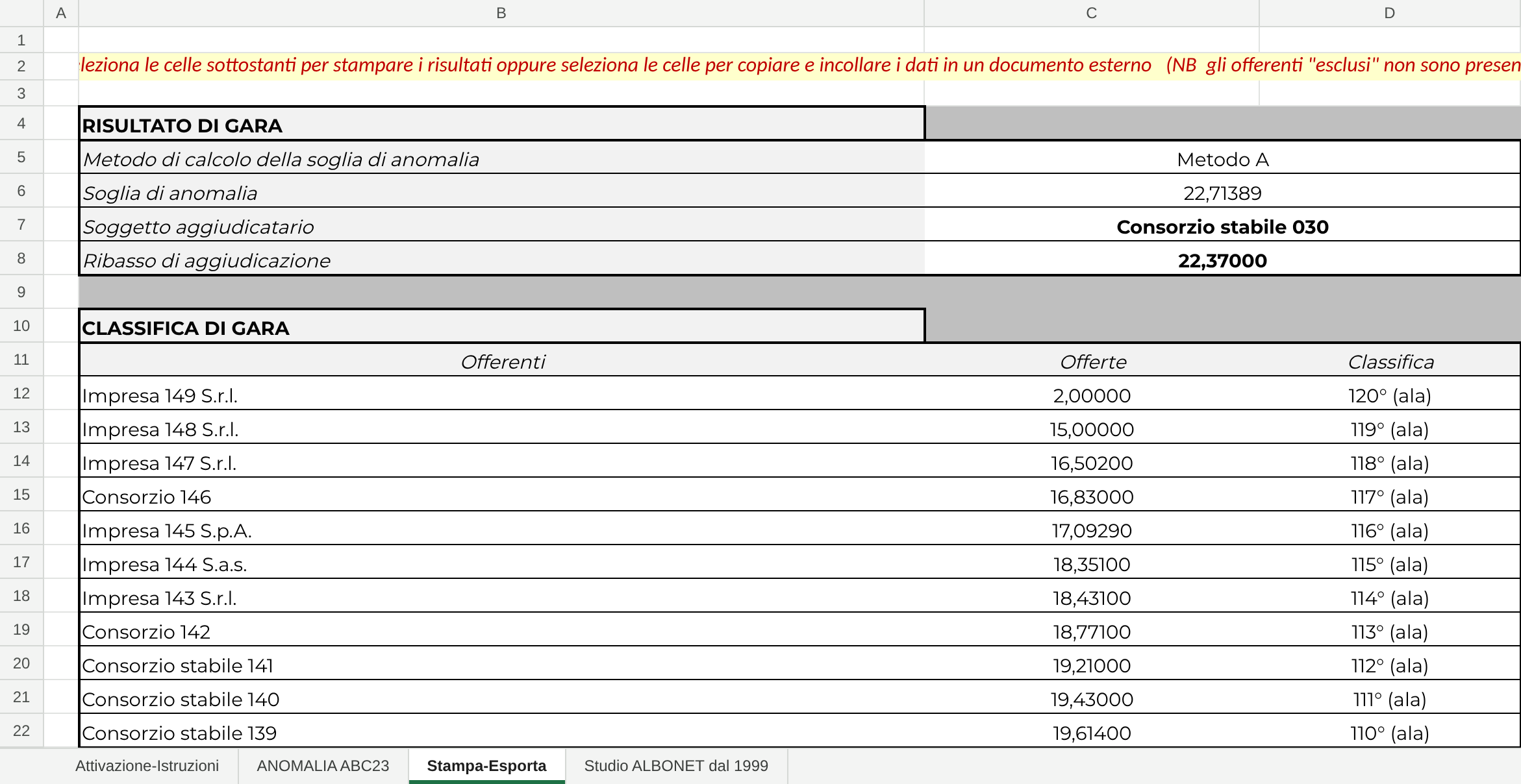 Foglio Stampa-Esporta con risultato di gara e classifica